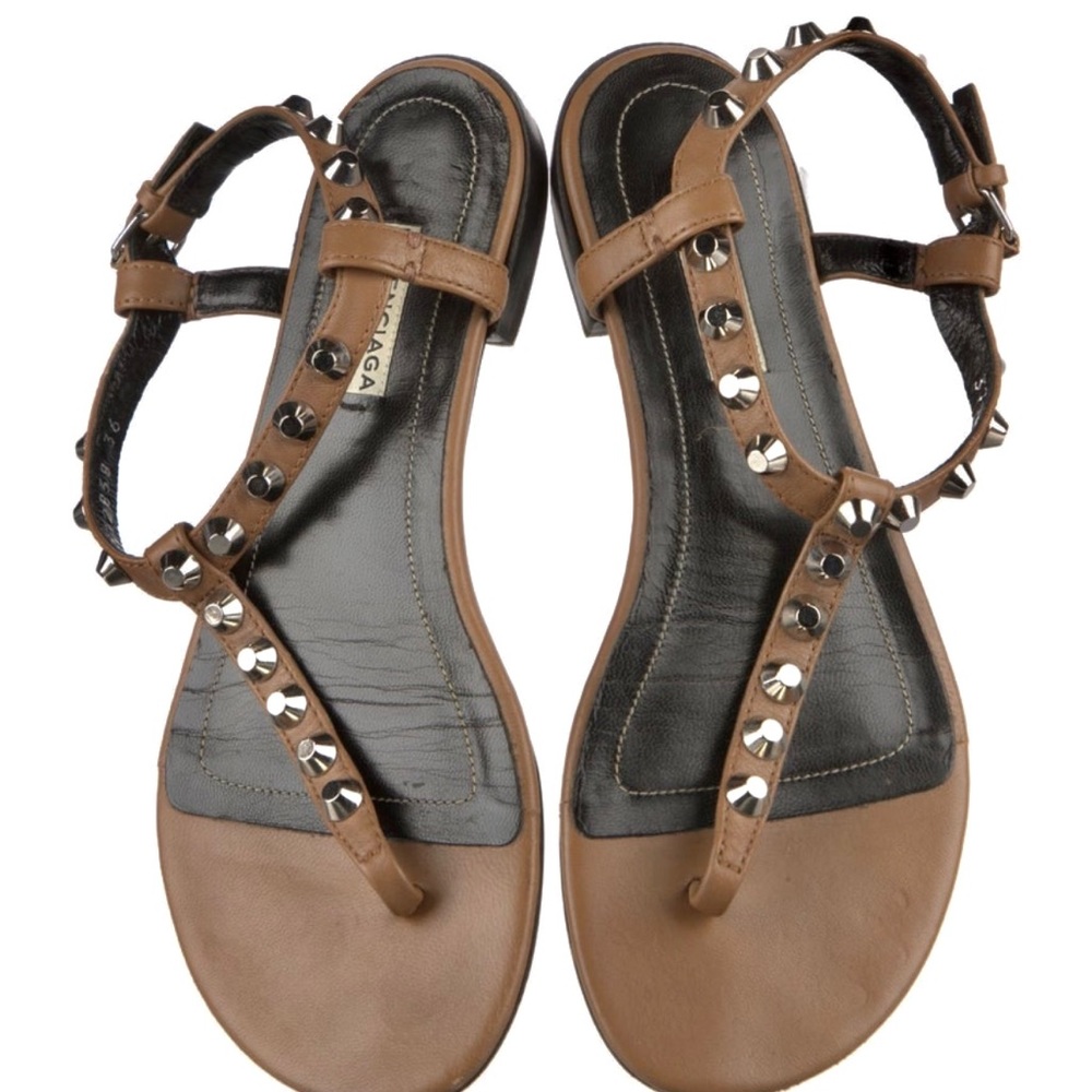 Balenciaga leather studded accents T strap sandals. - Picture 3 of 3